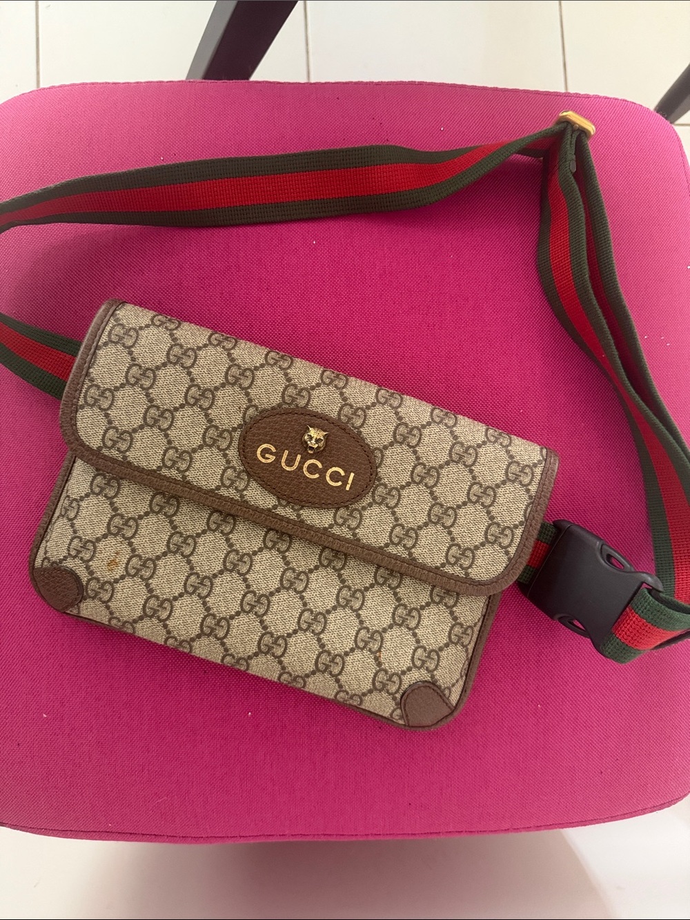 Gucci Brown GG Supreme Belt Bag with Green-Red Web Strap
